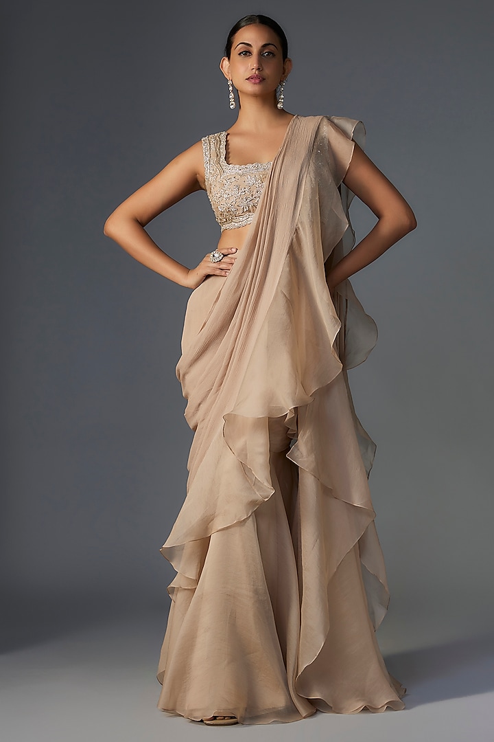 Dark Champagne Chiffon Organza Draped Ruffled Saree Set by Ridhi Mehra at Pernia's Pop Up Shop