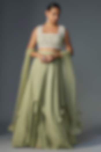 Mint Green Chiffon Organza Lehenga Set by Ridhi Mehra at Pernia's Pop Up Shop