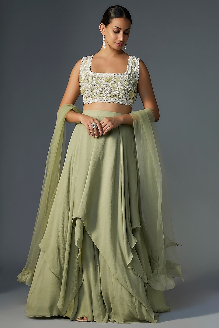 Mint Green Chiffon Organza Lehenga Set by Ridhi Mehra at Pernia's Pop Up Shop