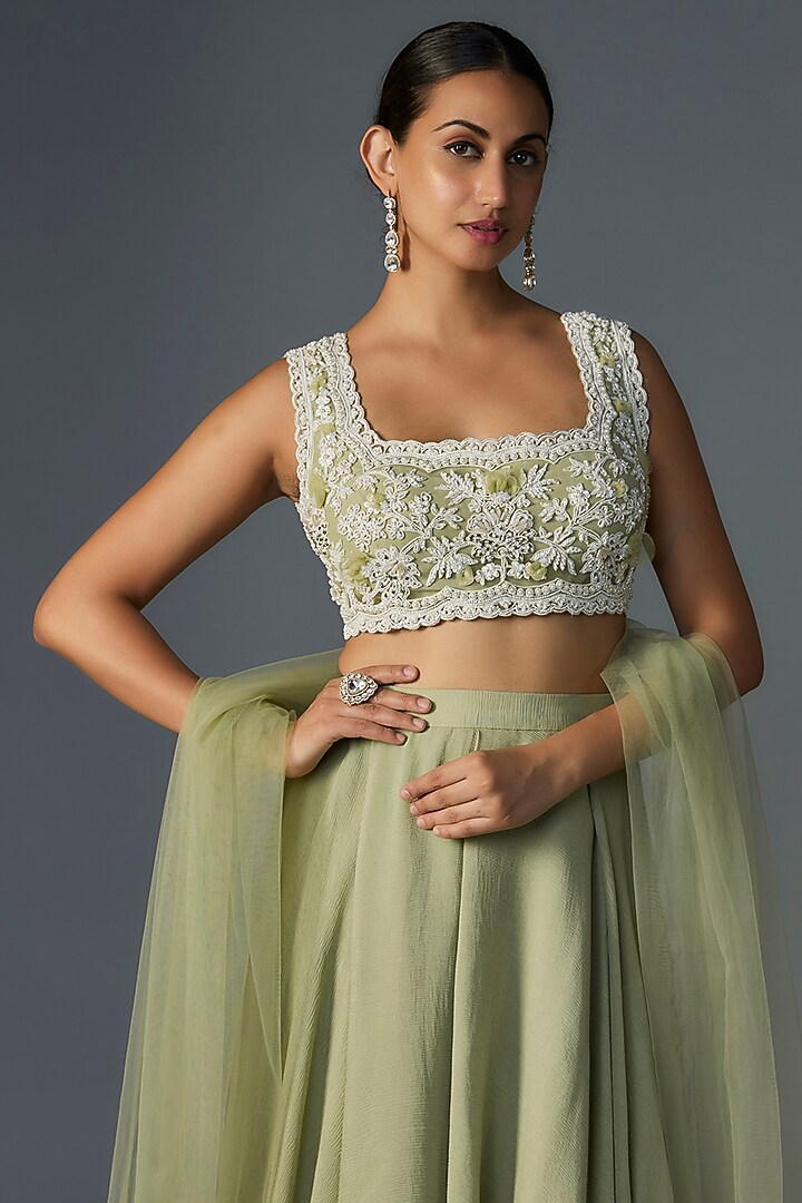 Mint Green Chiffon Organza Lehenga Set by Ridhi Mehra at Pernia's Pop Up Shop