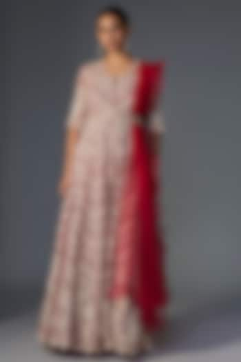 Red Organza Embroidered Anarkali Set by Ridhi Mehra at Pernia's Pop Up Shop