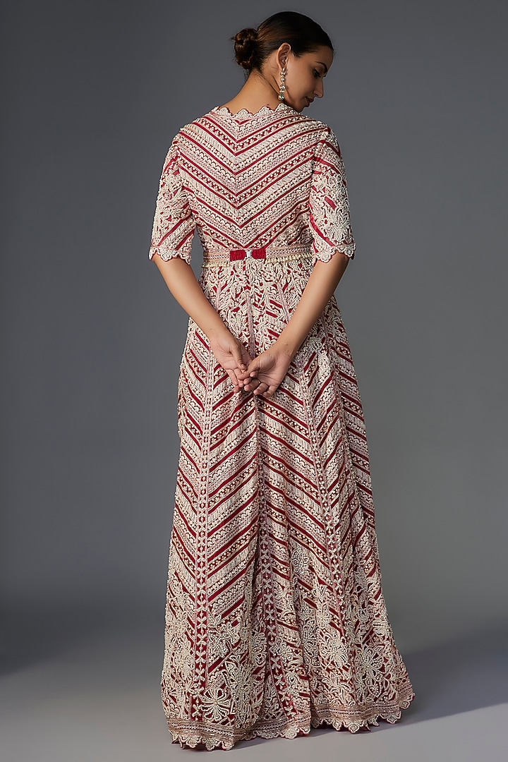 Red Organza Embroidered Bridal Anarkali Set by Ridhi Mehra at Pernia's Pop Up Shop