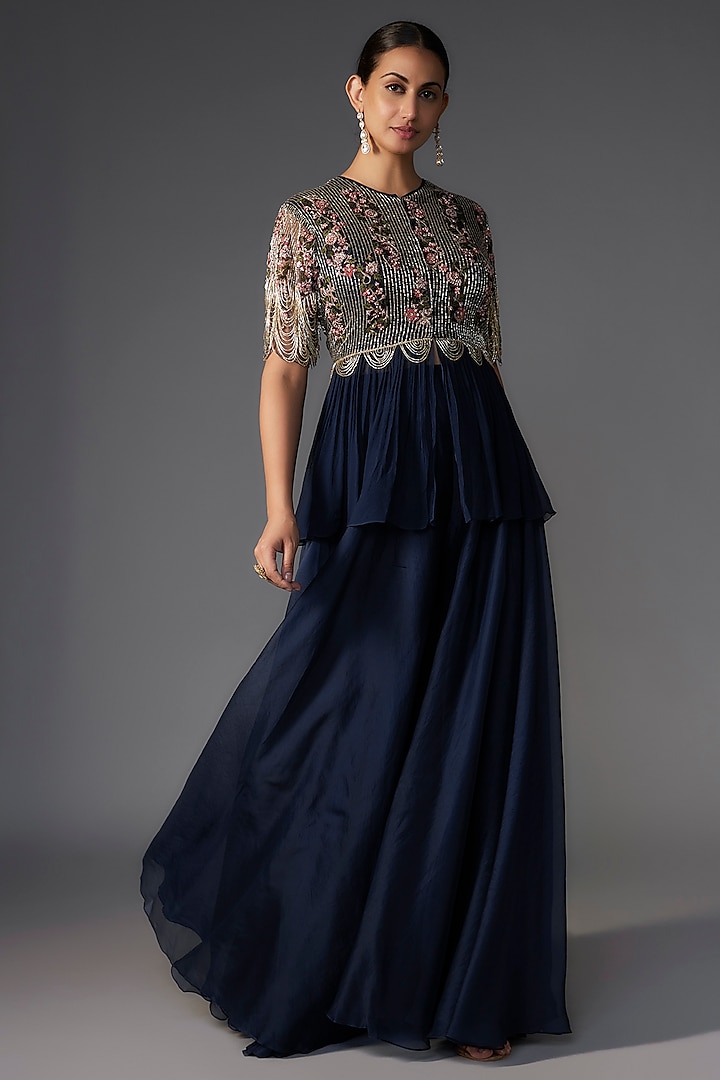 Navy Blue Organza Sharara Set by Ridhi Mehra at Pernia's Pop Up Shop