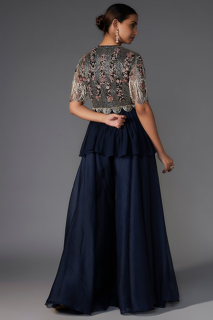 Navy Blue Organza Bridal Sharara Set by Ridhi Mehra at Pernia's Pop Up Shop