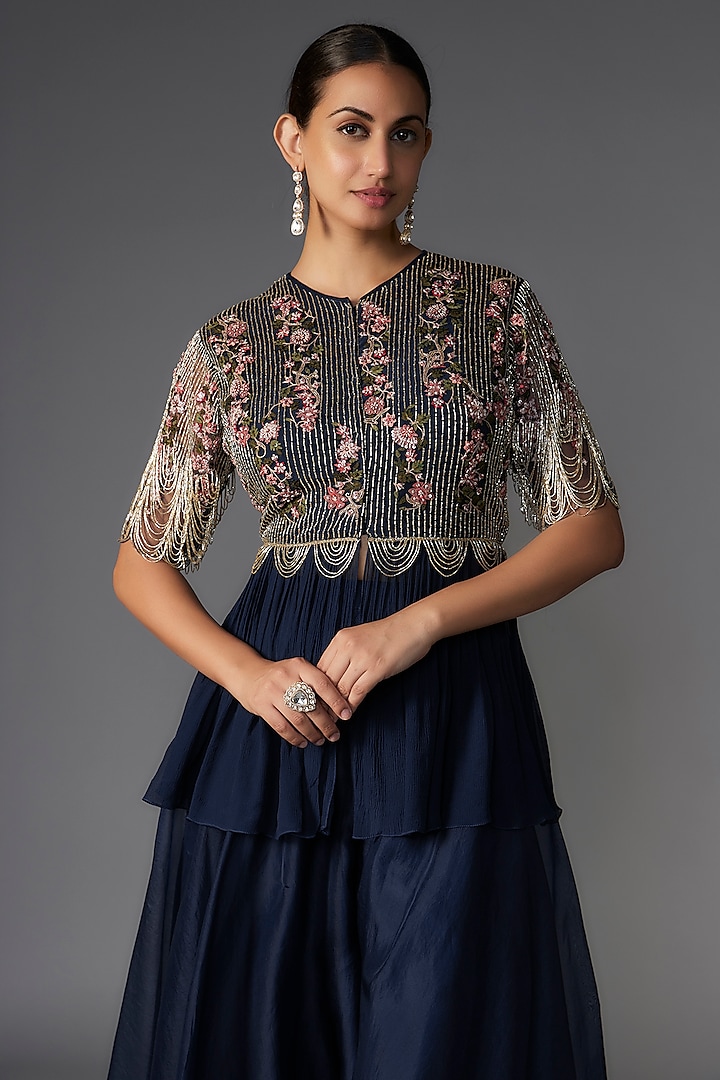 Navy Blue Organza Bridal Sharara Set by Ridhi Mehra at Pernia's Pop Up Shop