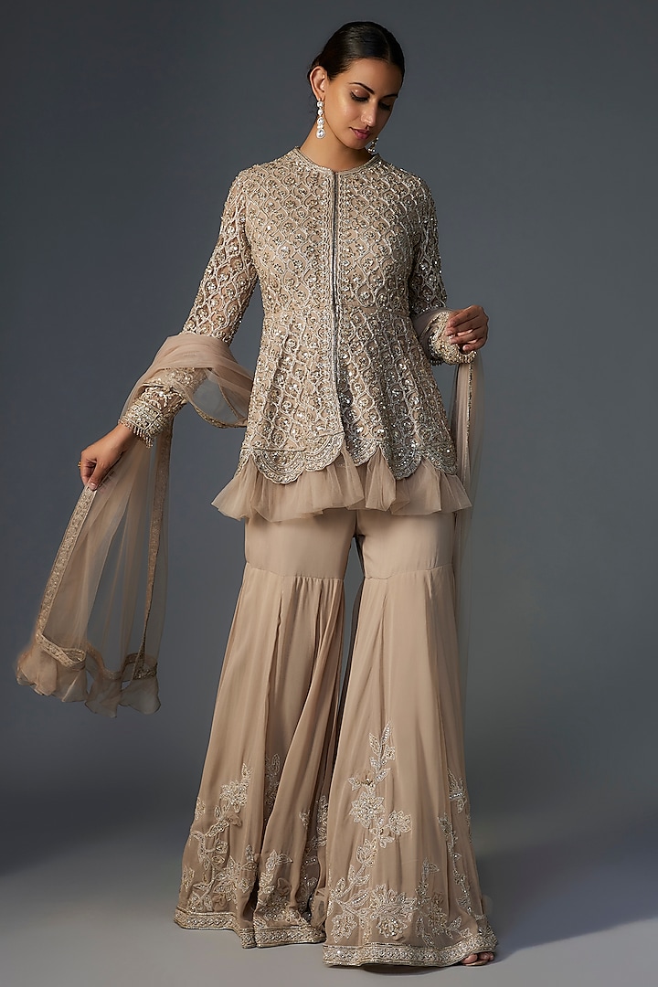 Dark Champagne Georgette Embroidered Gharara Set by Ridhi Mehra at Pernia's Pop Up Shop