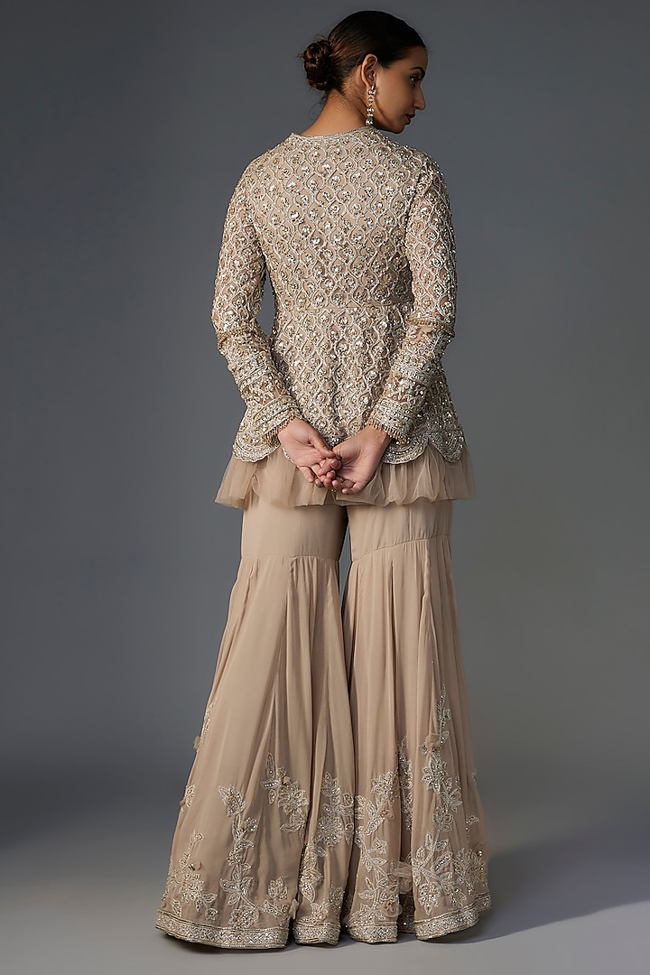 Dark Champagne Georgette Embroidered Gharara Set by Ridhi Mehra at Pernia's Pop Up Shop
