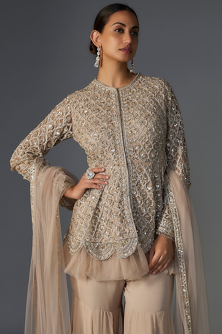 Dark Champagne Georgette Embroidered Gharara Set by Ridhi Mehra at Pernia's Pop Up Shop