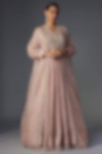 Dusky Pink Chiffon Organza Jacket Wedding Lehenga Set by Ridhi Mehra at Pernia's Pop Up Shop