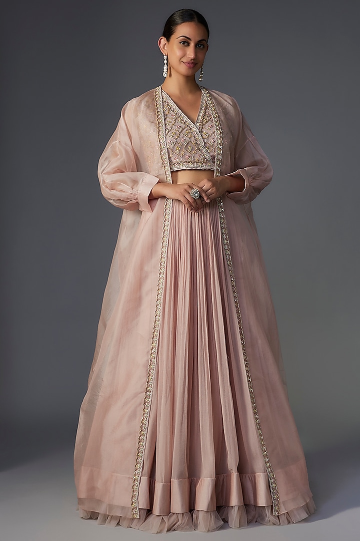 Dusky Pink Chiffon Organza Jacket Wedding Lehenga Set by Ridhi Mehra at Pernia's Pop Up Shop