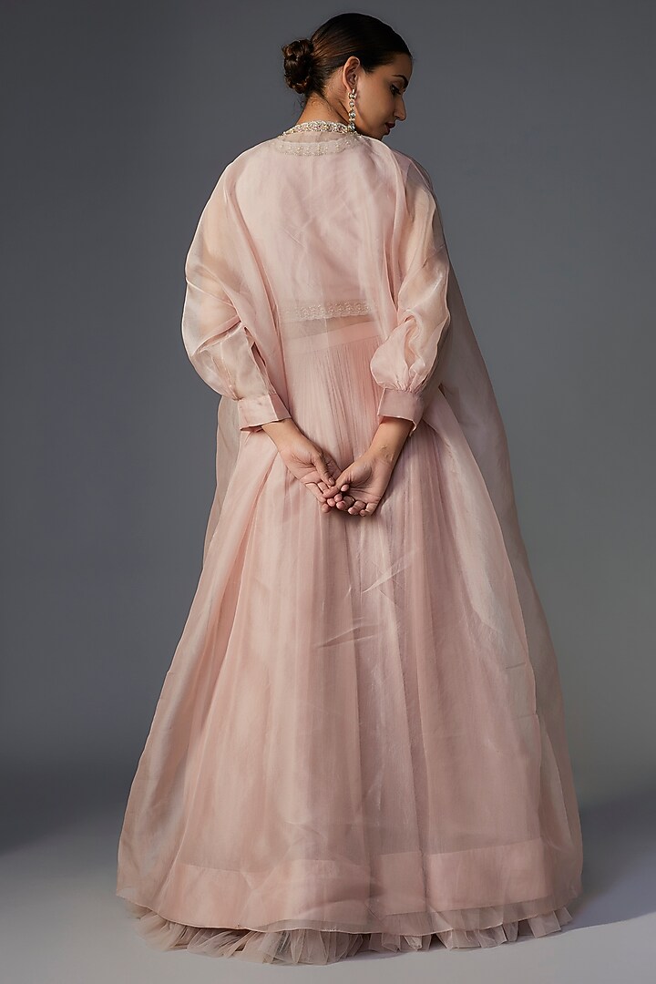 Dusky Pink Chiffon Organza Jacket Wedding Lehenga Set by Ridhi Mehra at Pernia's Pop Up Shop