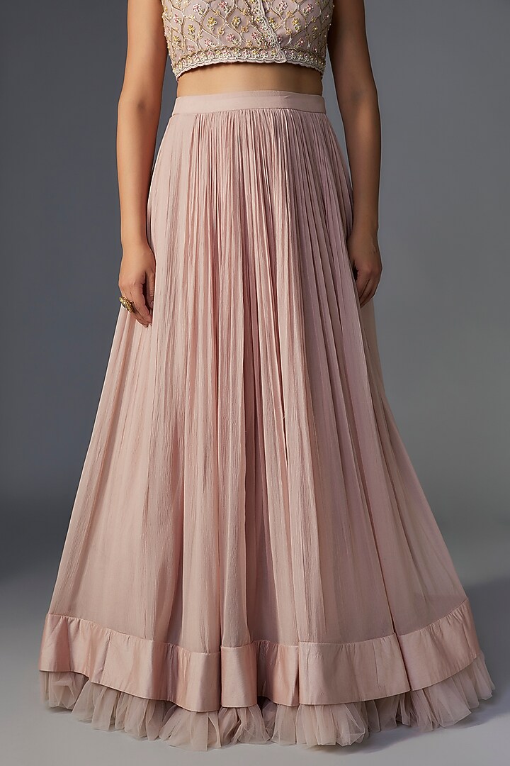 Dusky Pink Chiffon Organza Jacket Wedding Lehenga Set by Ridhi Mehra at Pernia's Pop Up Shop