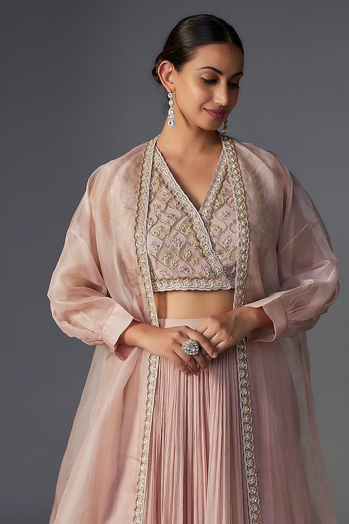 Dusky Pink Chiffon Organza Jacket Wedding Lehenga Set by Ridhi Mehra at Pernia's Pop Up Shop