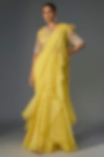 Yellow Chiffon Organza Draped Ruffled Reception Saree Set by Ridhi Mehra at Pernia's Pop Up Shop