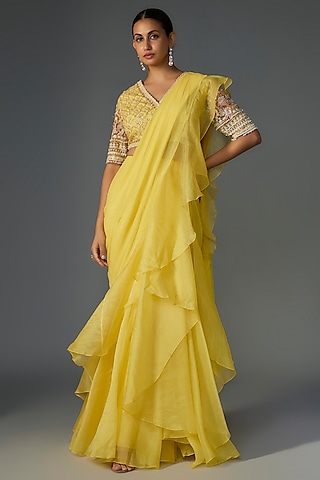 Yellow Chiffon Organza Draped Ruffled Saree Set by ridhi mehra