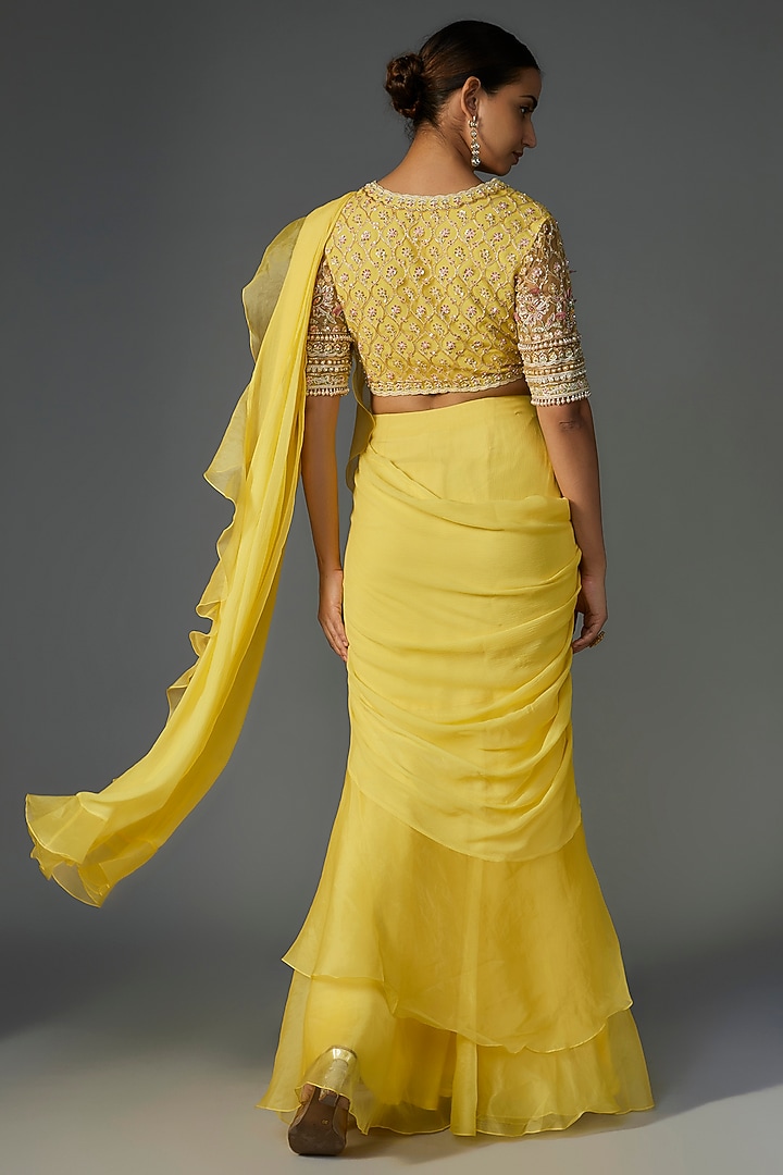 Yellow Chiffon Organza Draped Ruffled Reception Saree Set by Ridhi Mehra at Pernia's Pop Up Shop