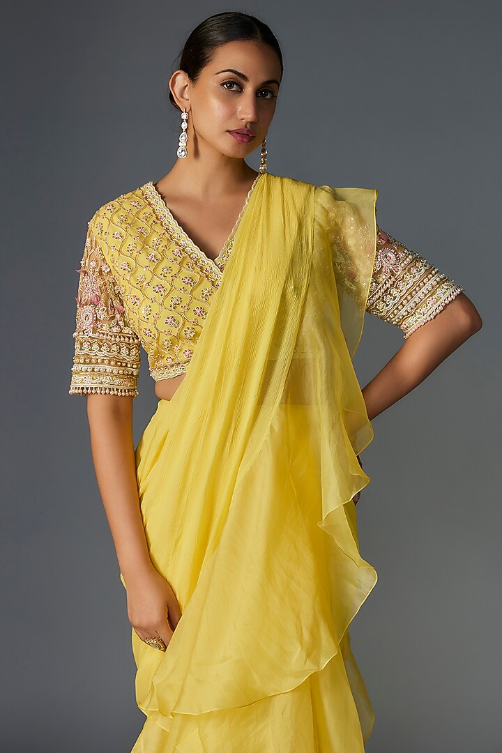 Yellow Chiffon Organza Draped Ruffled Reception Saree Set by Ridhi Mehra at Pernia's Pop Up Shop