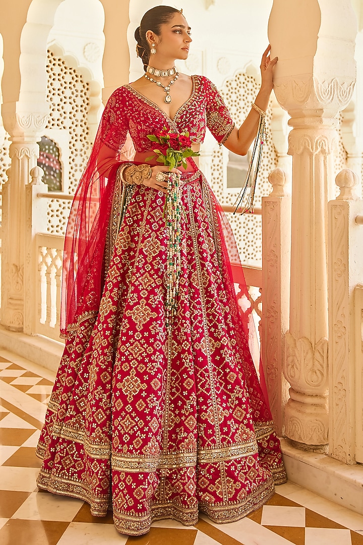 Red Raw Silk Embroidered Bridal Lehenga Set by Ridhi Mehra at Pernia's Pop Up Shop