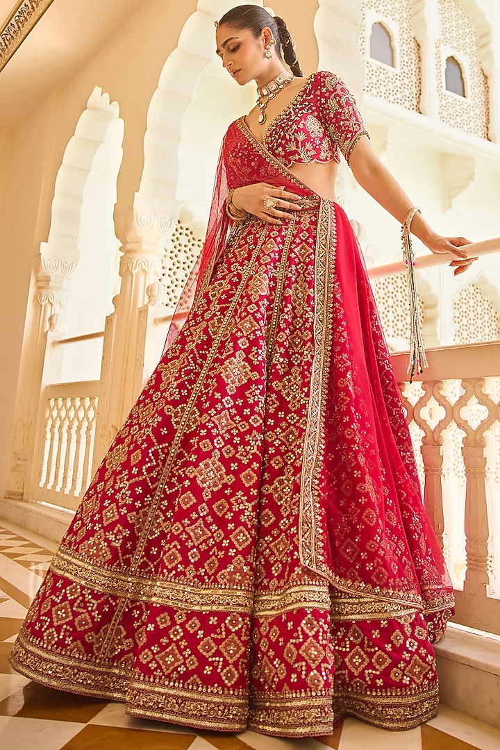Red Raw Silk Embroidered Bridal Lehenga Set by Ridhi Mehra at Pernia's Pop Up Shop