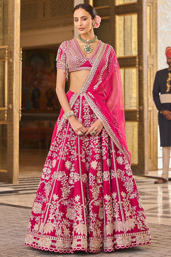 Fuchsia Raw Silk Embroidered Bridal Lehenga Set by Ridhi Mehra at Pernia's Pop Up Shop