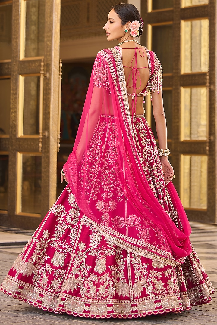 Fuchsia Raw Silk Embroidered Bridal Lehenga Set by Ridhi Mehra at Pernia's Pop Up Shop