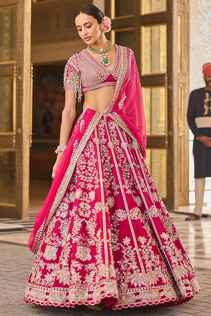 Fuchsia Raw Silk Embroidered Bridal Lehenga Set by Ridhi Mehra at Pernia's Pop Up Shop