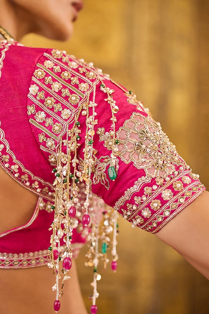 Fuchsia Raw Silk Embroidered Bridal Lehenga Set by Ridhi Mehra at Pernia's Pop Up Shop