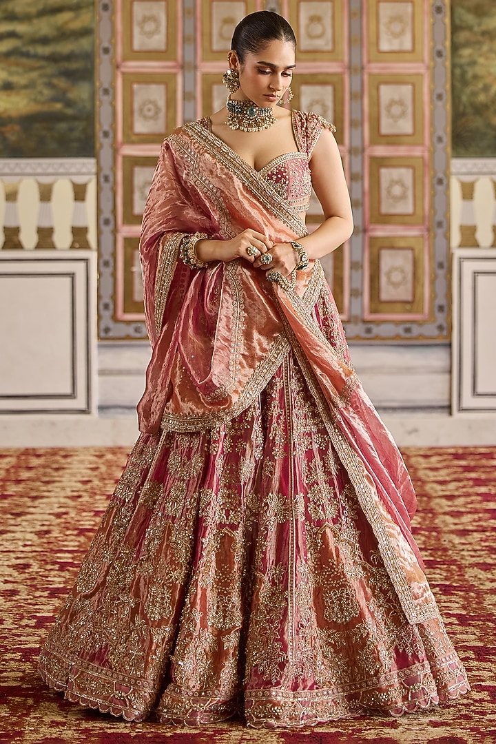 Fuchsia-Orange Tissue Embroidered Bridal Lehenga Set by Ridhi Mehra at Pernia's Pop Up Shop