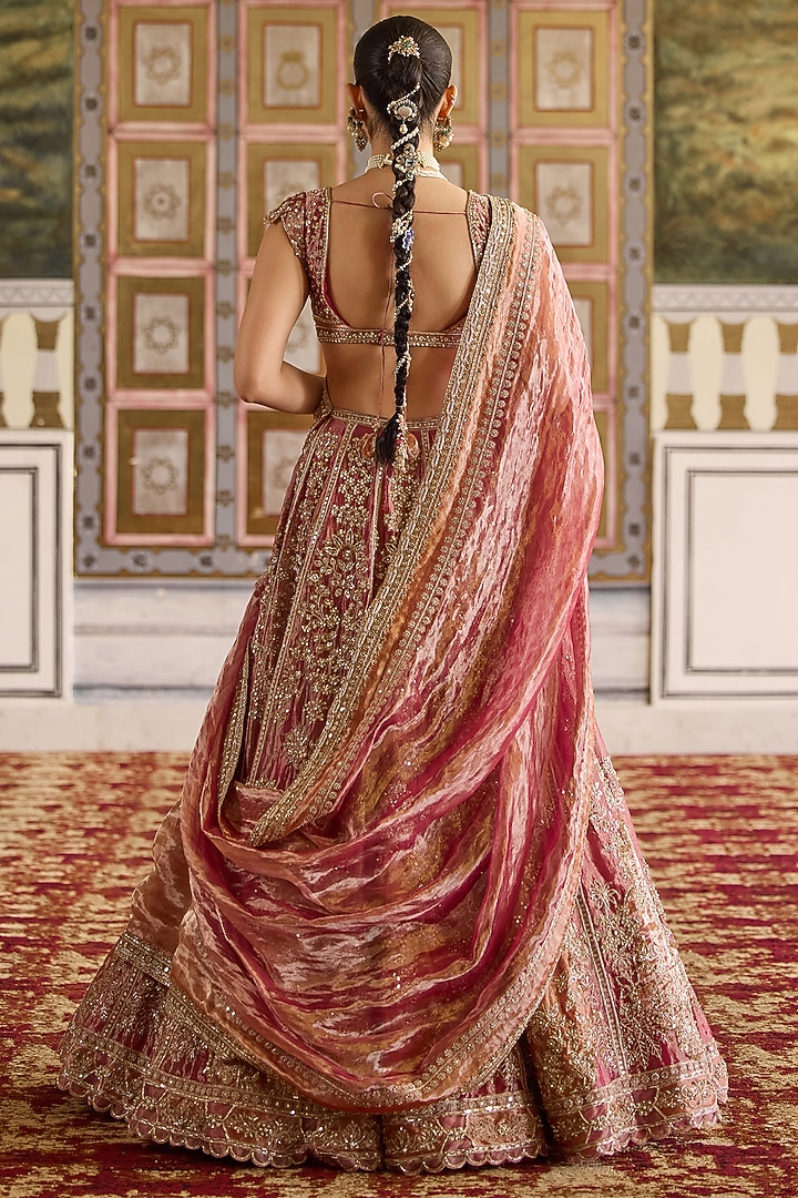 Fuchsia-Orange Tissue Embroidered Bridal Lehenga Set by Ridhi Mehra at Pernia's Pop Up Shop