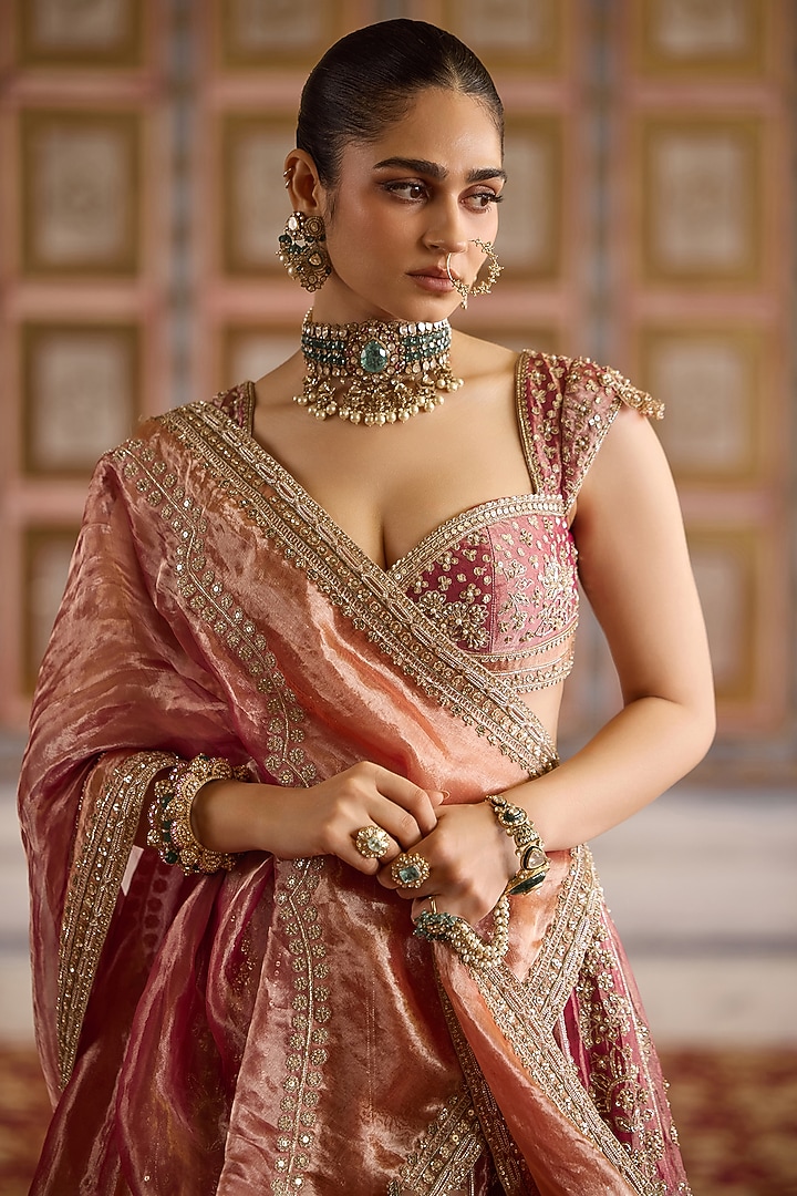 Fuchsia-Orange Tissue Embroidered Bridal Lehenga Set by Ridhi Mehra at Pernia's Pop Up Shop