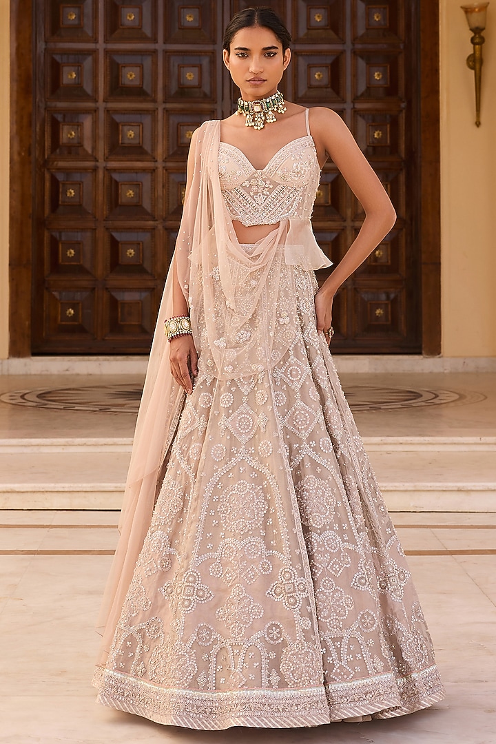 Water Gold Tissue Embroidered Bridal Lehenga Set by Ridhi Mehra at Pernia's Pop Up Shop