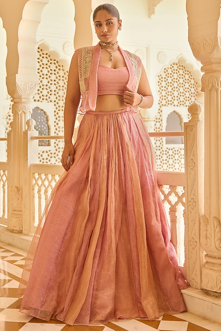 Fuchsia-Orange Tissue Embroidered Wedding Lehenga Set by Ridhi Mehra at Pernia's Pop Up Shop