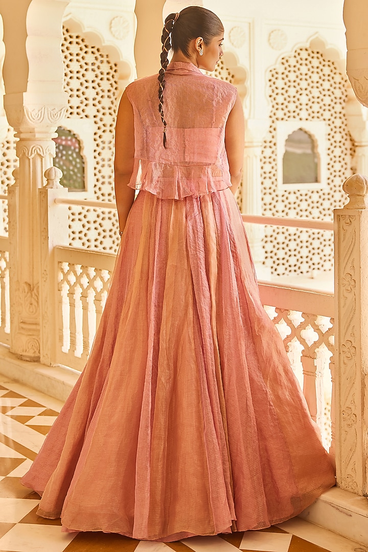 Fuchsia-Orange Tissue Embroidered Wedding Lehenga Set by Ridhi Mehra at Pernia's Pop Up Shop