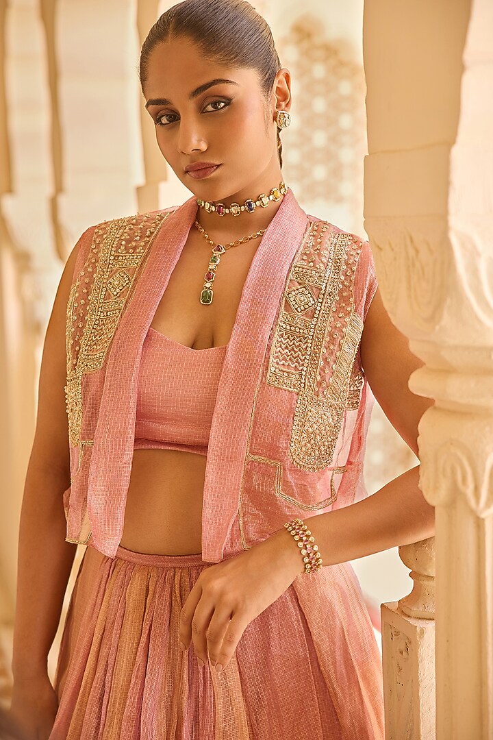 Fuchsia-Orange Tissue Embroidered Wedding Lehenga Set by Ridhi Mehra at Pernia's Pop Up Shop