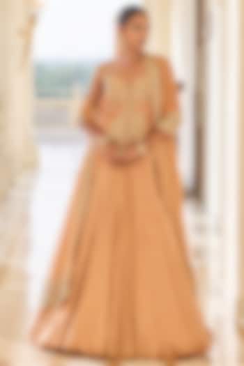 Orange Tissue Embroidered Bridal Lehenga Set by Ridhi Mehra at Pernia's Pop Up Shop