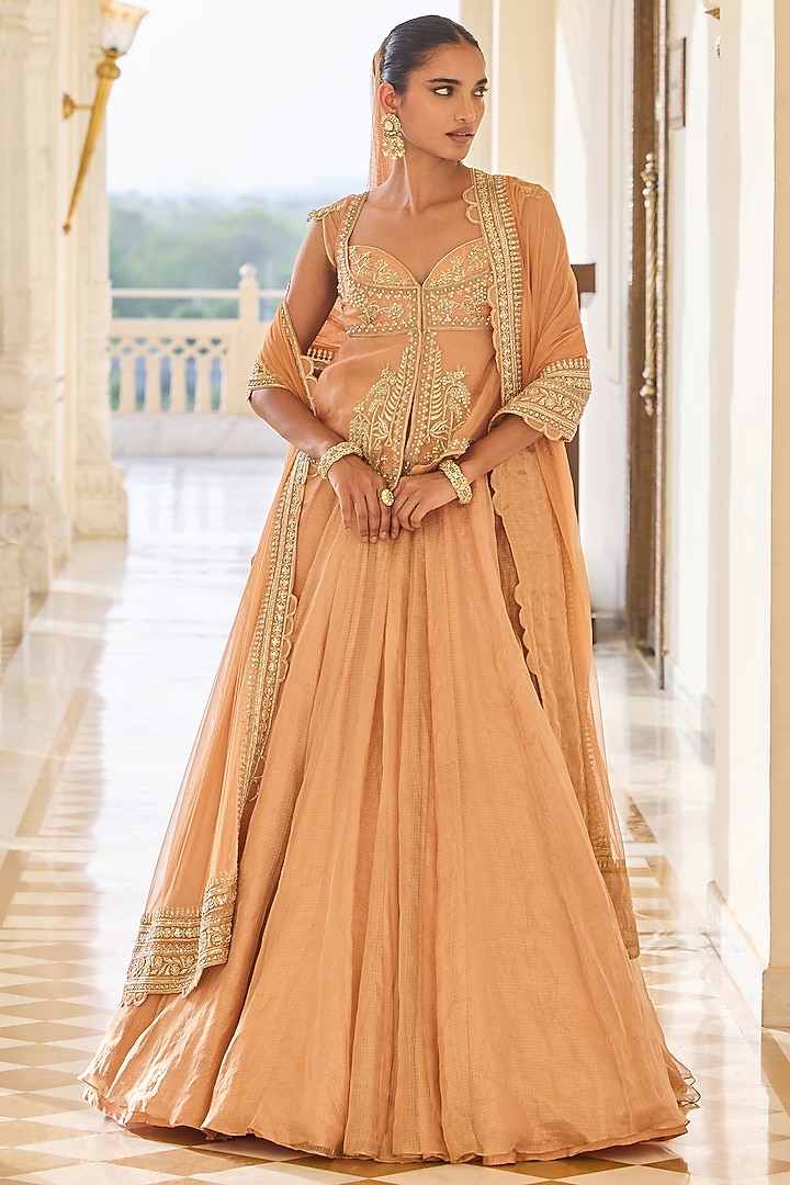 Orange Tissue Embroidered Bridal Lehenga Set by Ridhi Mehra at Pernia's Pop Up Shop