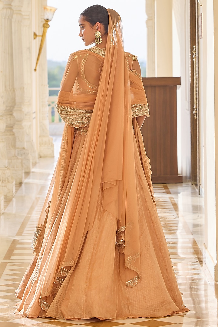 Orange Tissue Embroidered Bridal Lehenga Set by Ridhi Mehra at Pernia's Pop Up Shop