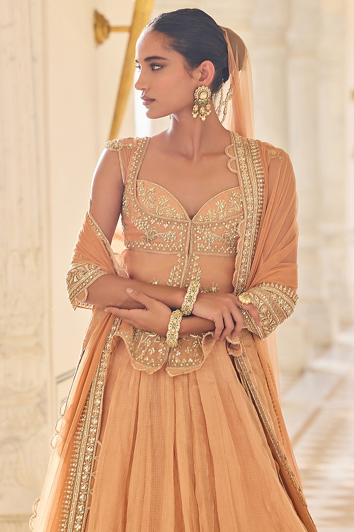 Orange Tissue Embroidered Bridal Lehenga Set by Ridhi Mehra at Pernia's Pop Up Shop