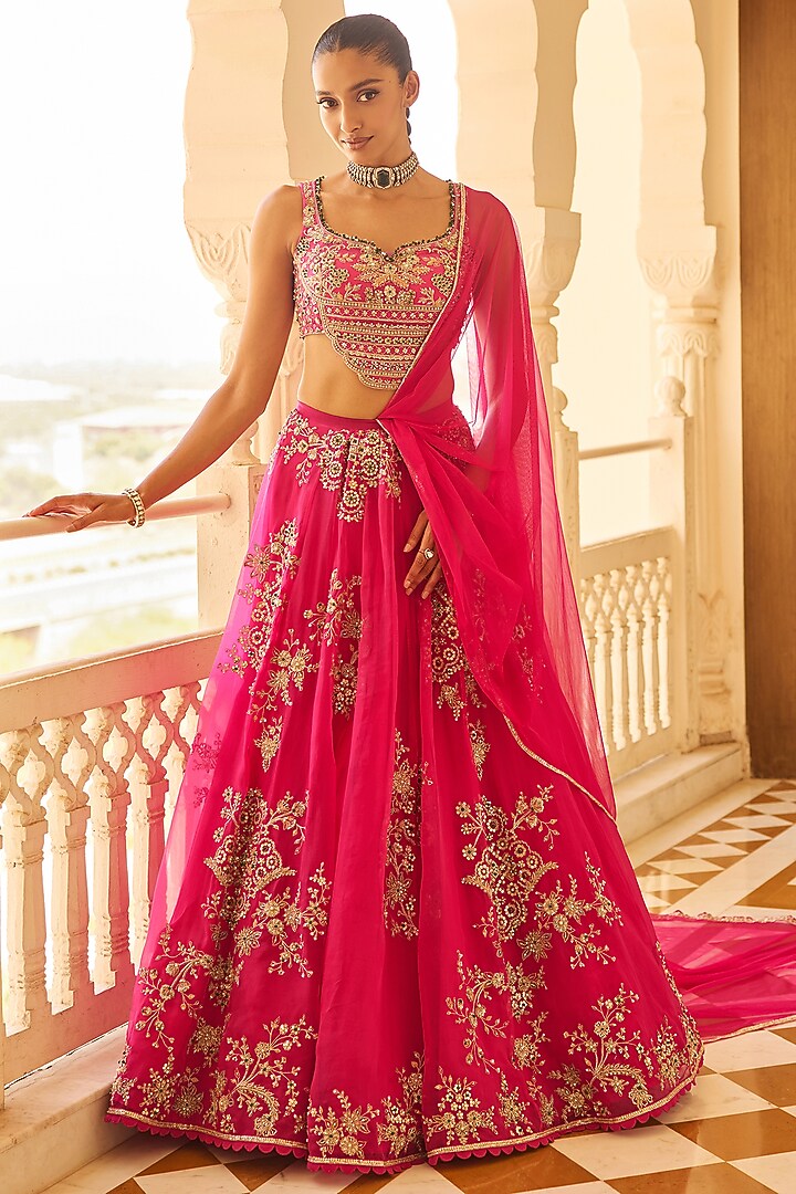 Fuchsia Organza Embroidered Bridal Lehenga Set by Ridhi Mehra at Pernia's Pop Up Shop