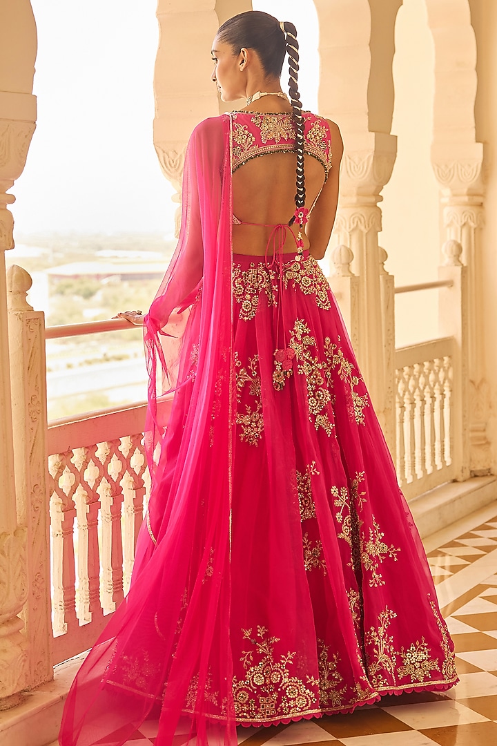 Fuchsia Organza Embroidered Bridal Lehenga Set by Ridhi Mehra at Pernia's Pop Up Shop