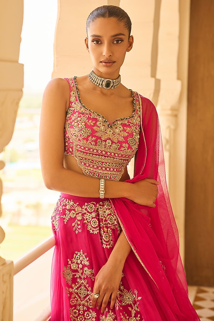 Fuchsia Organza Embroidered Bridal Lehenga Set by Ridhi Mehra at Pernia's Pop Up Shop