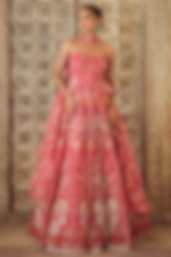 Fuchsia Organza Printed & Embroidered Bridal Lehenga Set by Ridhi Mehra at Pernia's Pop Up Shop