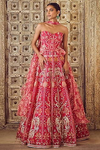 Fuchsia Organza Printed & Embroidered Lehenga Set by Ridhi Mehra