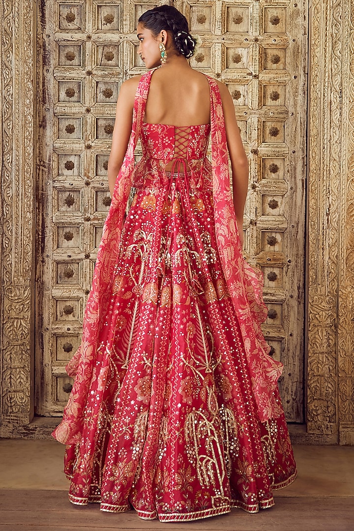 Fuchsia Organza Printed & Embroidered Bridal Lehenga Set by Ridhi Mehra at Pernia's Pop Up Shop