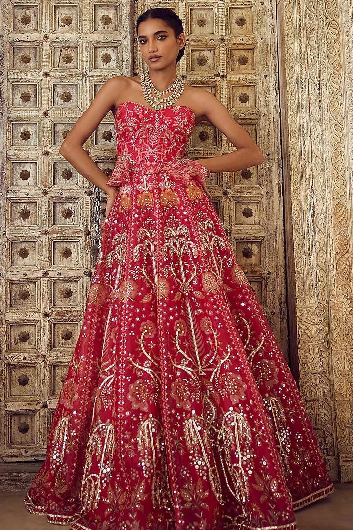 Fuchsia Organza Printed & Embroidered Bridal Lehenga Set by Ridhi Mehra at Pernia's Pop Up Shop