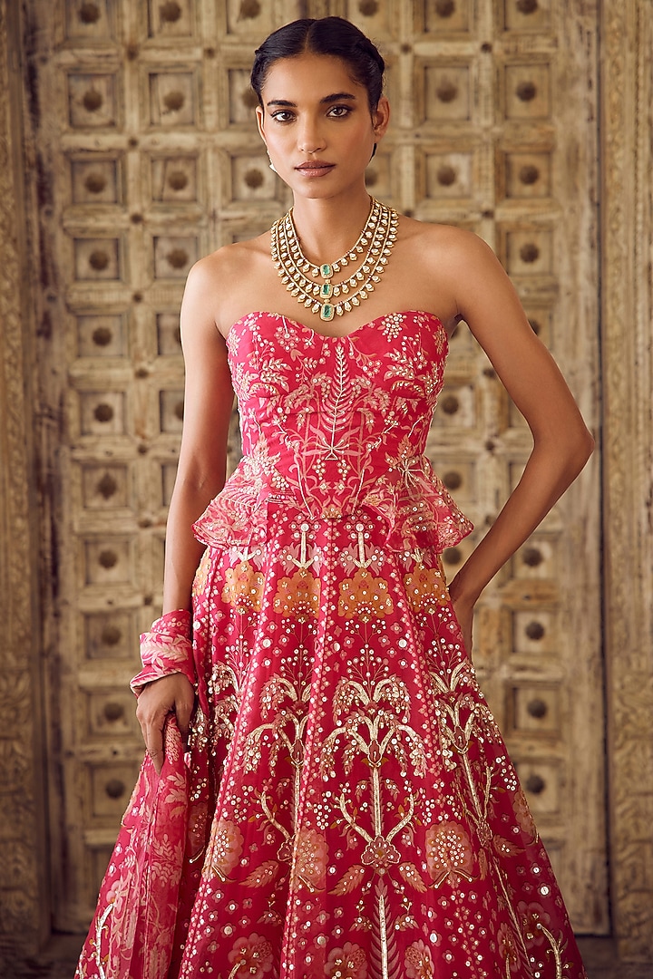 Fuchsia Organza Printed & Embroidered Bridal Lehenga Set by Ridhi Mehra at Pernia's Pop Up Shop
