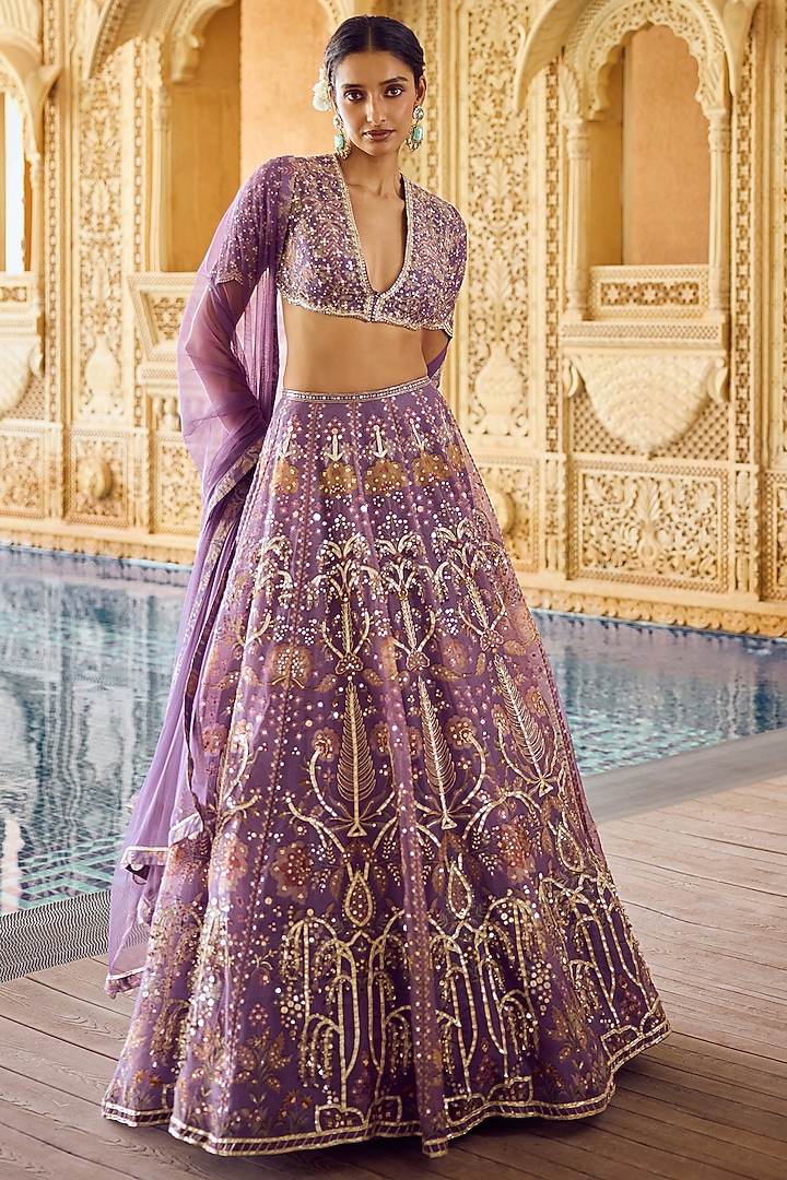 Lilac Organza Embroidered Bridal Lehenga Set by Ridhi Mehra at Pernia's Pop Up Shop
