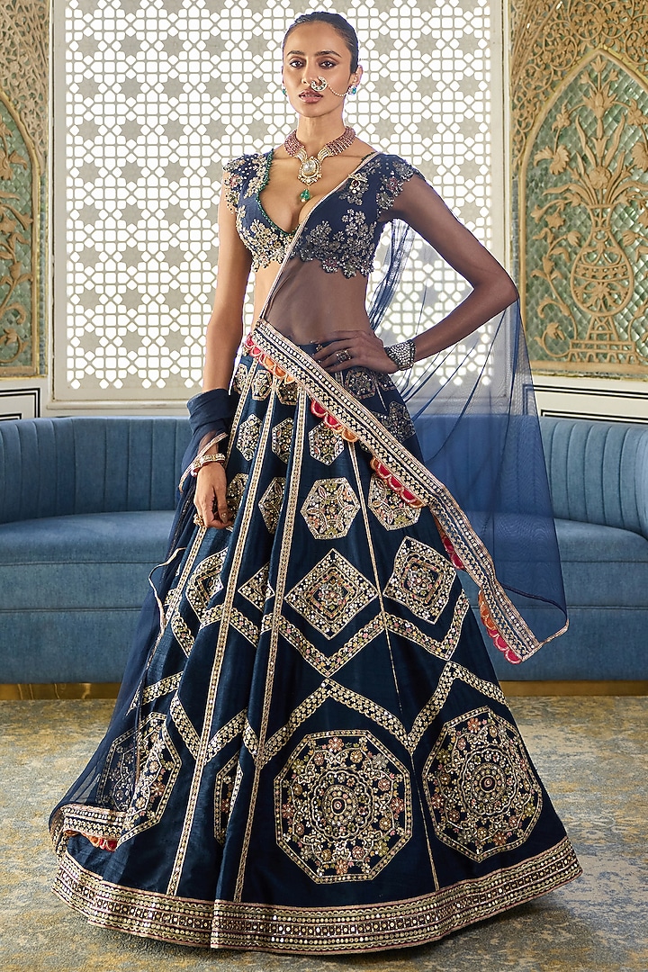 Navy Raw Silk Embroidered Bridal Lehenga Set by Ridhi Mehra at Pernia's Pop Up Shop