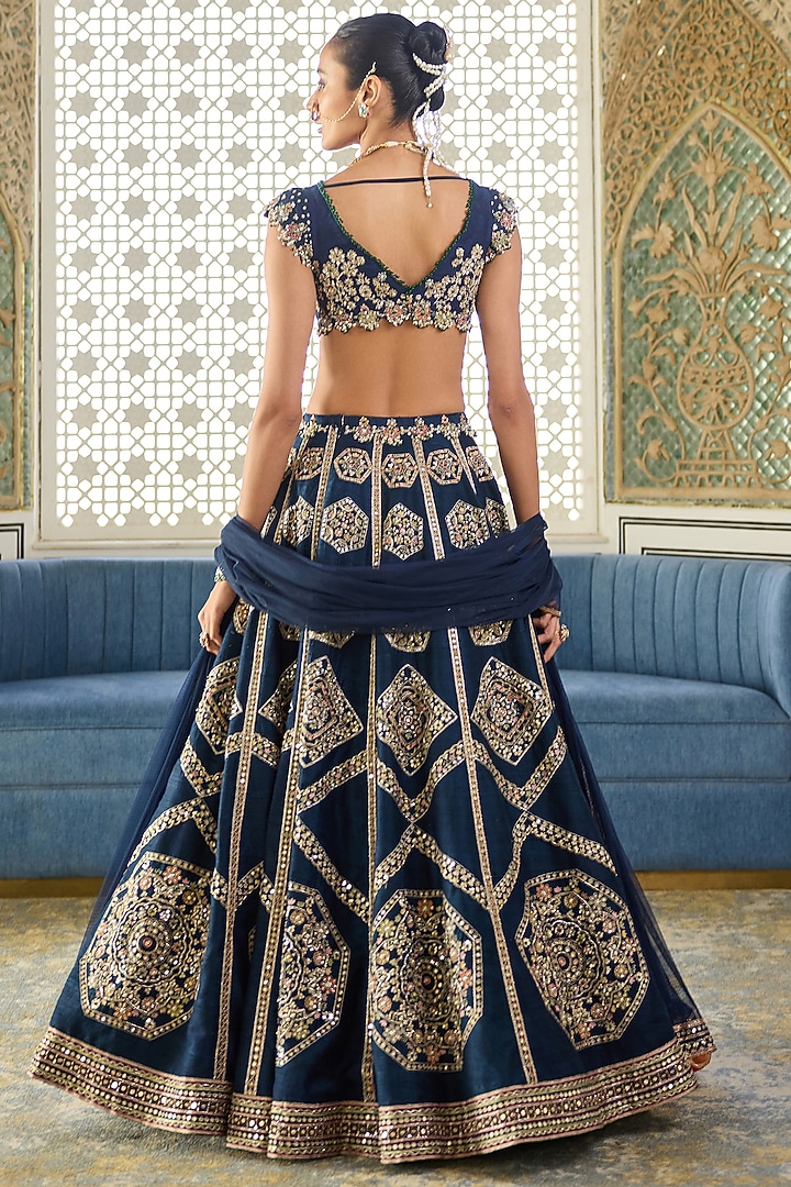 Navy Raw Silk Embroidered Bridal Lehenga Set by Ridhi Mehra at Pernia's Pop Up Shop