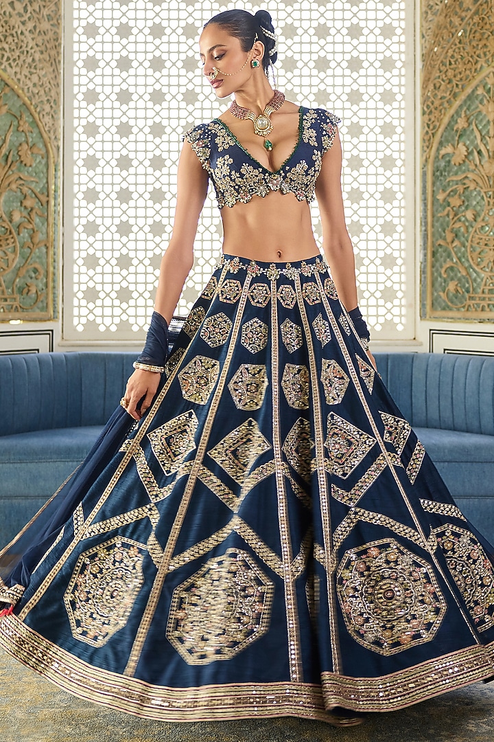 Navy Raw Silk Embroidered Bridal Lehenga Set by Ridhi Mehra at Pernia's Pop Up Shop